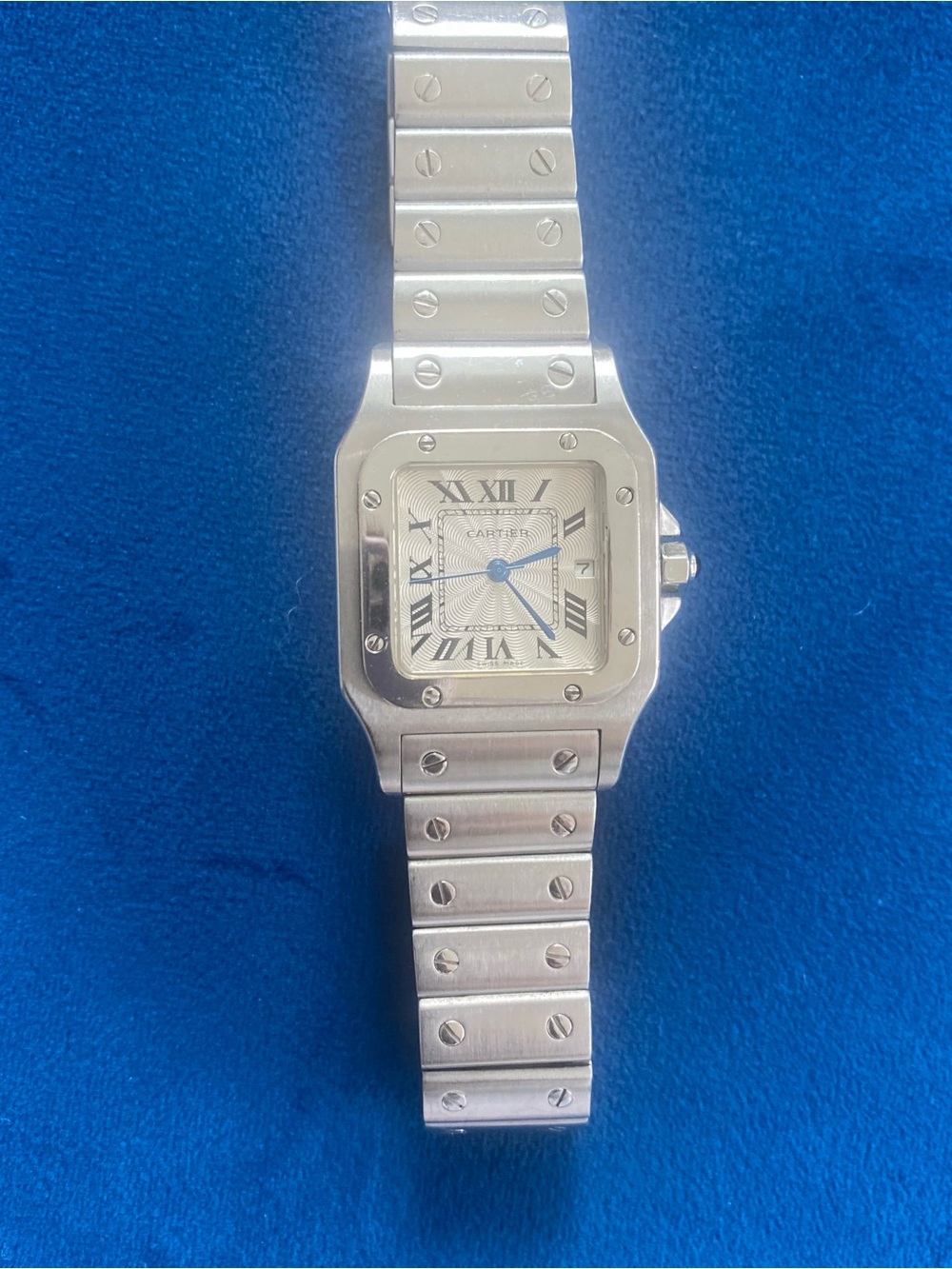 Cartier Santos Stainless Steel Watch with Blue Hands on Silver Dial